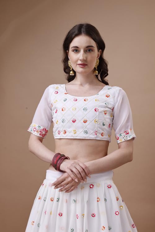 ASHASHA Women's Embroidered Georgette Lehenga Choli for Women I White Lehenga I Designer I Mirror work and Sequence Work I New I Bridal I Wedding I Stylish I Semi-stitched I Lehenga for women (White)