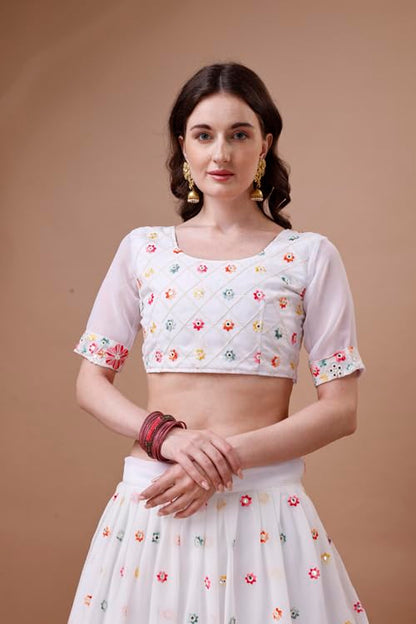 ASHASHA Women's Embroidered Georgette Lehenga Choli for Women I White Lehenga I Designer I Mirror work and Sequence Work I New I Bridal I Wedding I Stylish I Semi-stitched I Lehenga for women (White)