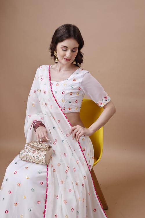 ASHASHA Women's Embroidered Georgette Lehenga Choli for Women I White Lehenga I Designer I Mirror work and Sequence Work I New I Bridal I Wedding I Stylish I Semi-stitched I Lehenga for women (White)