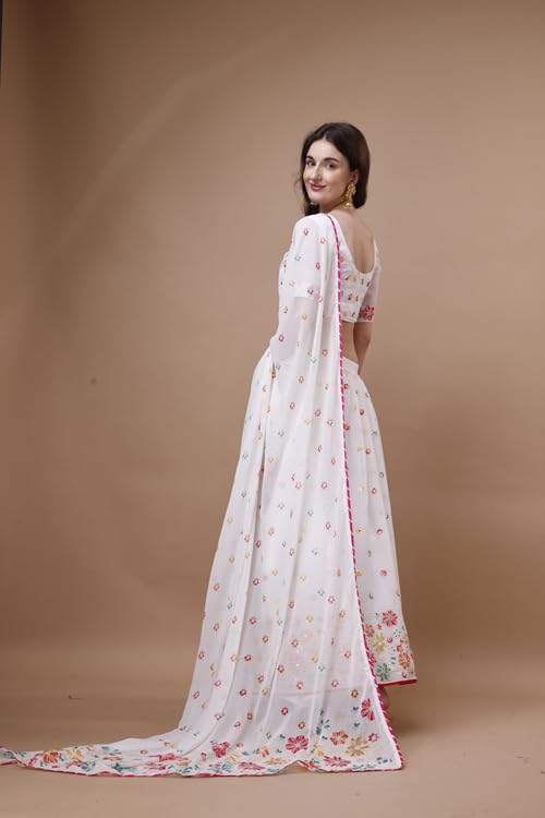 ASHASHA Women's Embroidered Georgette Lehenga Choli for Women I White Lehenga I Designer I Mirror work and Sequence Work I New I Bridal I Wedding I Stylish I Semi-stitched I Lehenga for women (White)