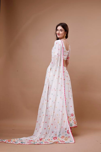 ASHASHA Women's Embroidered Georgette Lehenga Choli for Women I White Lehenga I Designer I Mirror work and Sequence Work I New I Bridal I Wedding I Stylish I Semi-stitched I Lehenga for women (White)