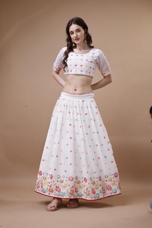 ASHASHA Women's Embroidered Georgette Lehenga Choli for Women I White Lehenga I Designer I Mirror work and Sequence Work I New I Bridal I Wedding I Stylish I Semi-stitched I Lehenga for women (White)