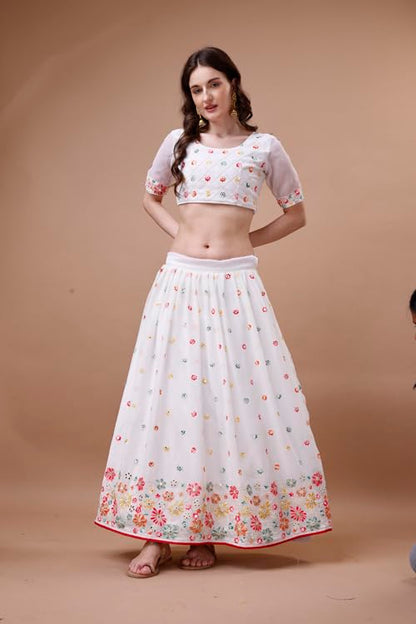 ASHASHA Women's Embroidered Georgette Lehenga Choli for Women I White Lehenga I Designer I Mirror work and Sequence Work I New I Bridal I Wedding I Stylish I Semi-stitched I Lehenga for women (White)