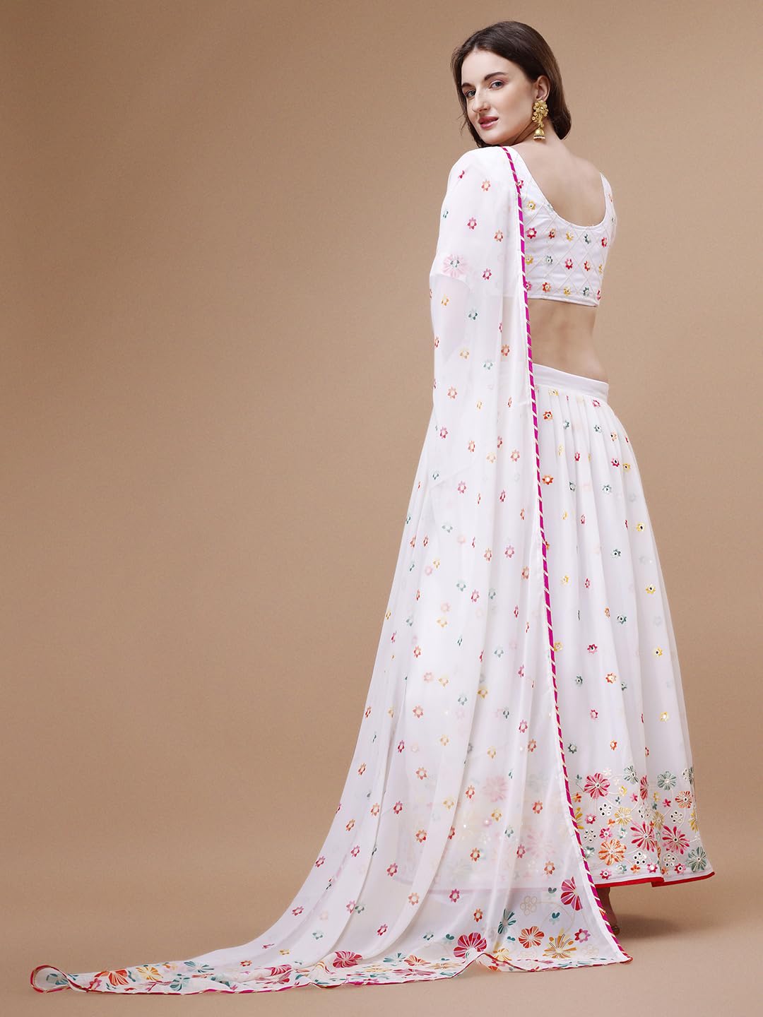 ASHASHA Women's Embroidered Georgette Lehenga Choli for Women I White Lehenga I Designer I Mirror work and Sequence Work I New I Bridal I Wedding I Stylish I Semi-stitched I Lehenga for women (White)