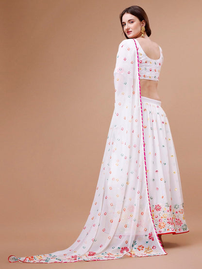 ASHASHA Women's Embroidered Georgette Lehenga Choli for Women I White Lehenga I Designer I Mirror work and Sequence Work I New I Bridal I Wedding I Stylish I Semi-stitched I Lehenga for women (White)