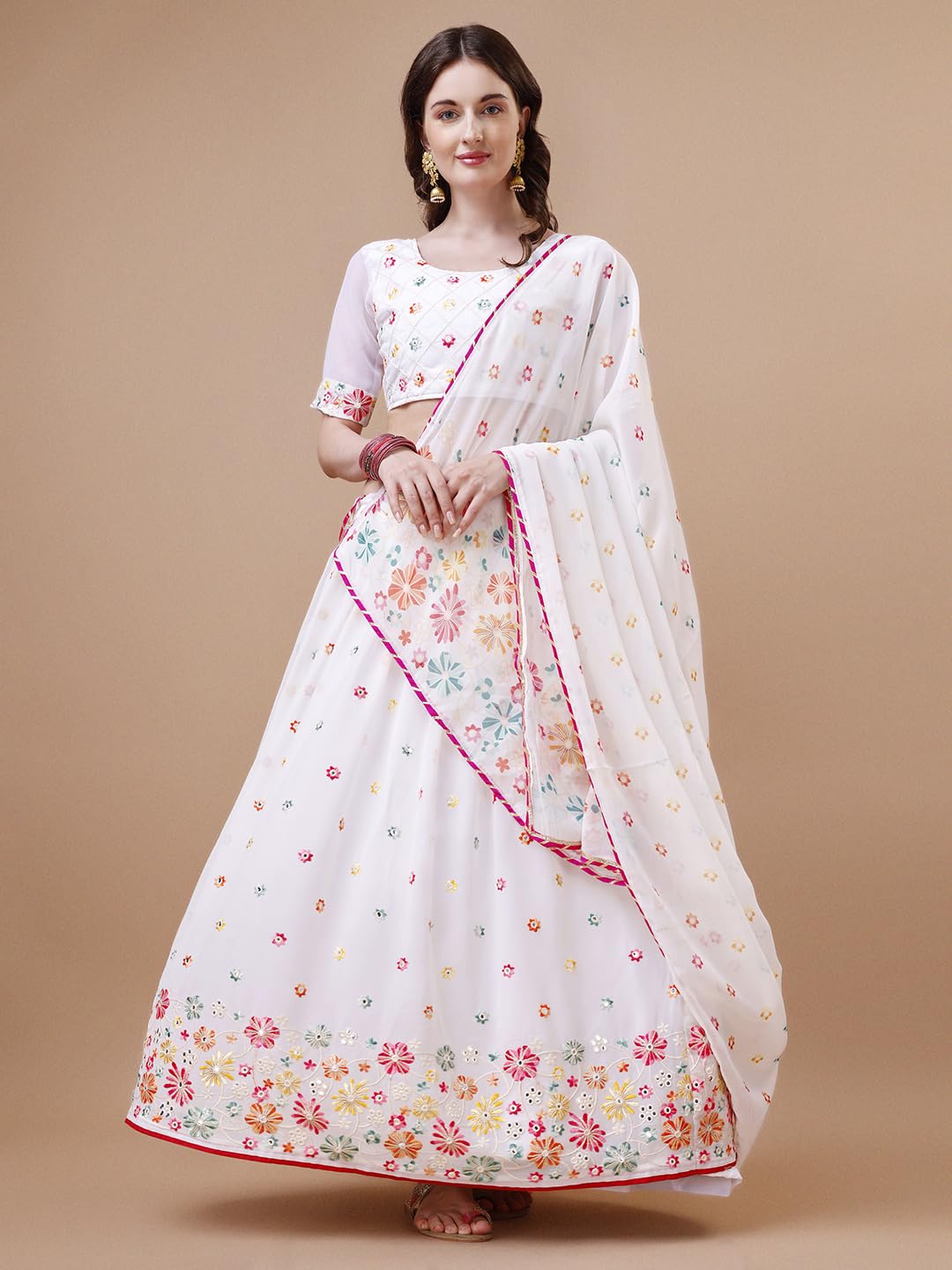 ASHASHA Women's Embroidered Georgette Lehenga Choli for Women I White Lehenga I Designer I Mirror work and Sequence Work I New I Bridal I Wedding I Stylish I Semi-stitched I Lehenga for women (White)