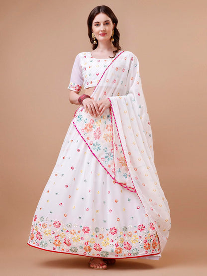 ASHASHA Women's Embroidered Georgette Lehenga Choli for Women I White Lehenga I Designer I Mirror work and Sequence Work I New I Bridal I Wedding I Stylish I Semi-stitched I Lehenga for women (White)