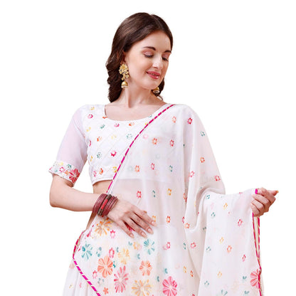 ASHASHA Women's Embroidered Georgette Lehenga Choli for Women I White Lehenga I Designer I Mirror work and Sequence Work I New I Bridal I Wedding I Stylish I Semi-stitched I Lehenga for women (White)