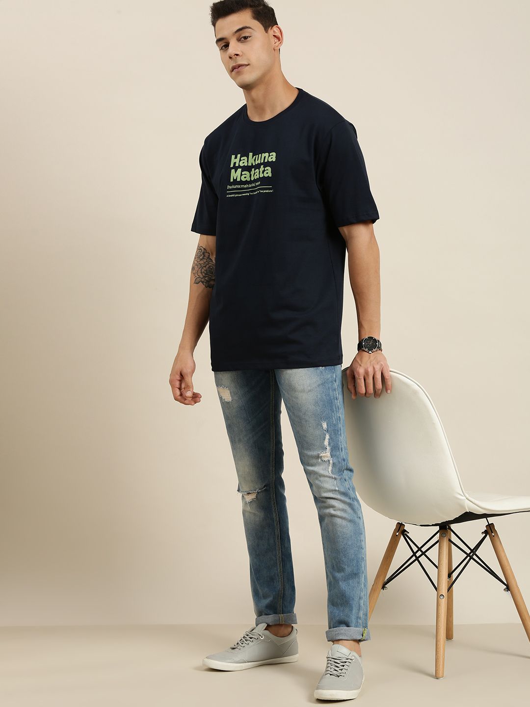 Difference of Opinion Navy Blue Typographic Oversized T-Shirt