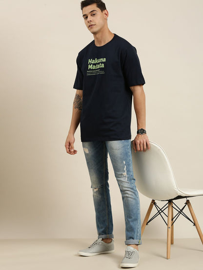 Difference of Opinion Navy Blue Typographic Oversized T-Shirt