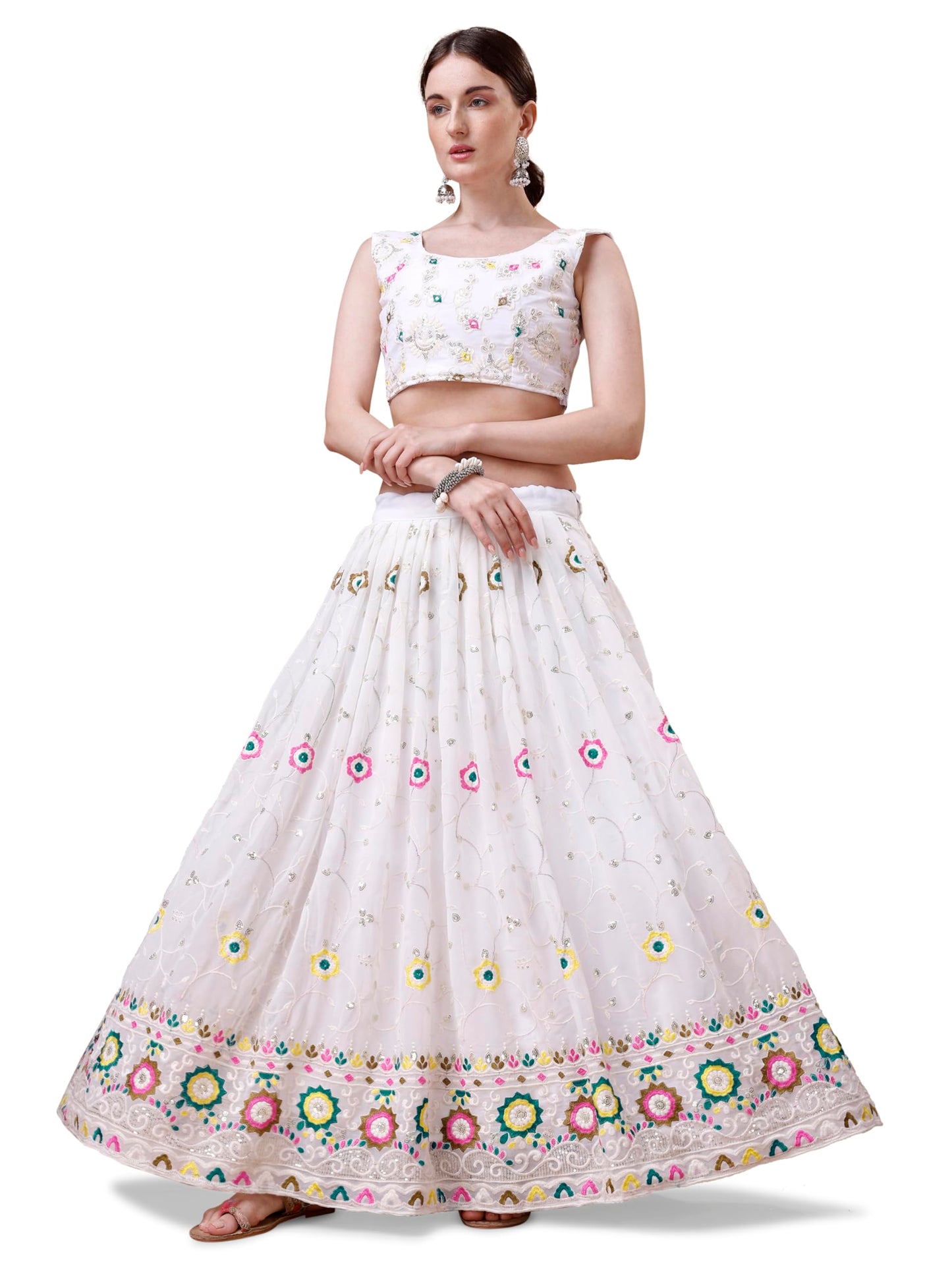 ASHASHA Women's Embroidered Georgette Lehenga Choli for Women I White Lehenga I Designer I Mirror work and Sequence Work I New I Bridal I Wedding I Stylish I Semi-stitched I Lehenga for women (White)