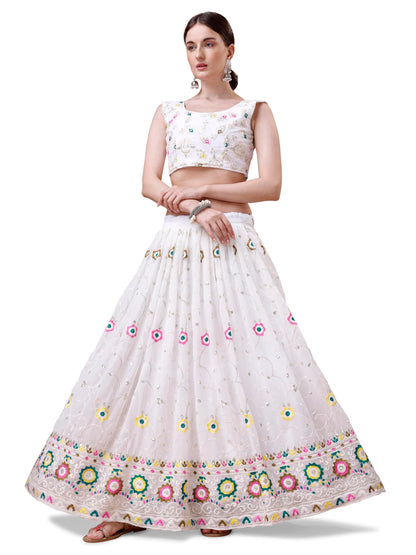 ASHASHA Women's Embroidered Georgette Lehenga Choli for Women I White Lehenga I Designer I Mirror work and Sequence Work I New I Bridal I Wedding I Stylish I Semi-stitched I Lehenga for women (White)