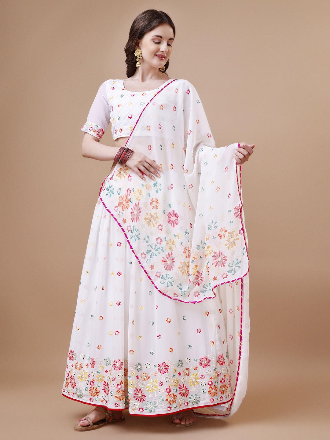 ASHASHA Women's Embroidered Georgette Lehenga Choli for Women I White Lehenga I Designer I Mirror work and Sequence Work I New I Bridal I Wedding I Stylish I Semi-stitched I Lehenga for women (White)