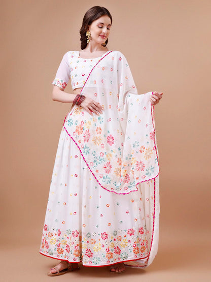ASHASHA Women's Embroidered Georgette Lehenga Choli for Women I White Lehenga I Designer I Mirror work and Sequence Work I New I Bridal I Wedding I Stylish I Semi-stitched I Lehenga for women (White)