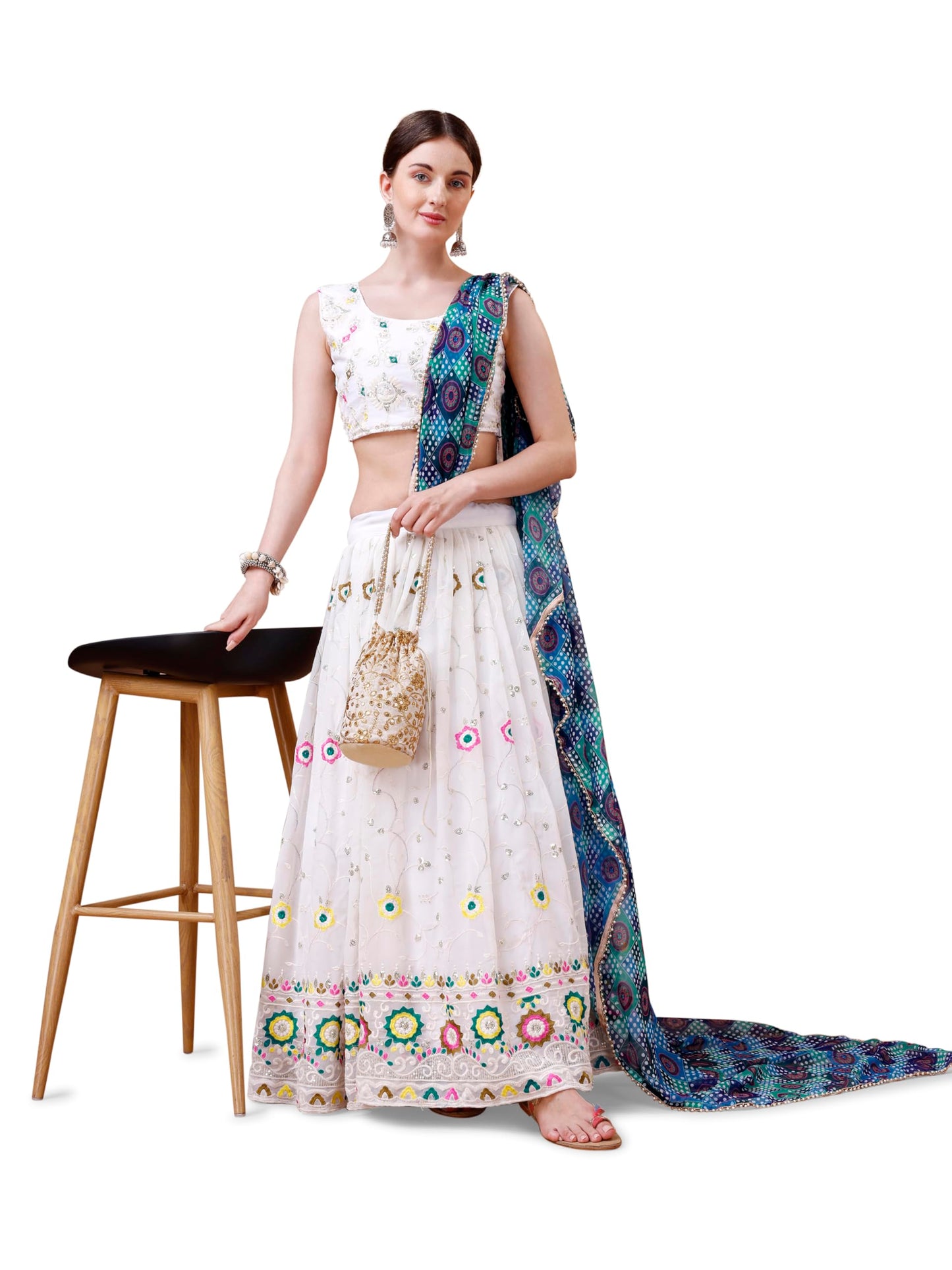 ASHASHA Women's Embroidered Georgette Lehenga Choli for Women I White Lehenga I Designer I Mirror work and Sequence Work I New I Bridal I Wedding I Stylish I Semi-stitched I Lehenga for women (White)