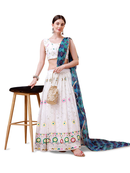 ASHASHA Women's Embroidered Georgette Lehenga Choli for Women I White Lehenga I Designer I Mirror work and Sequence Work I New I Bridal I Wedding I Stylish I Semi-stitched I Lehenga for women (White)