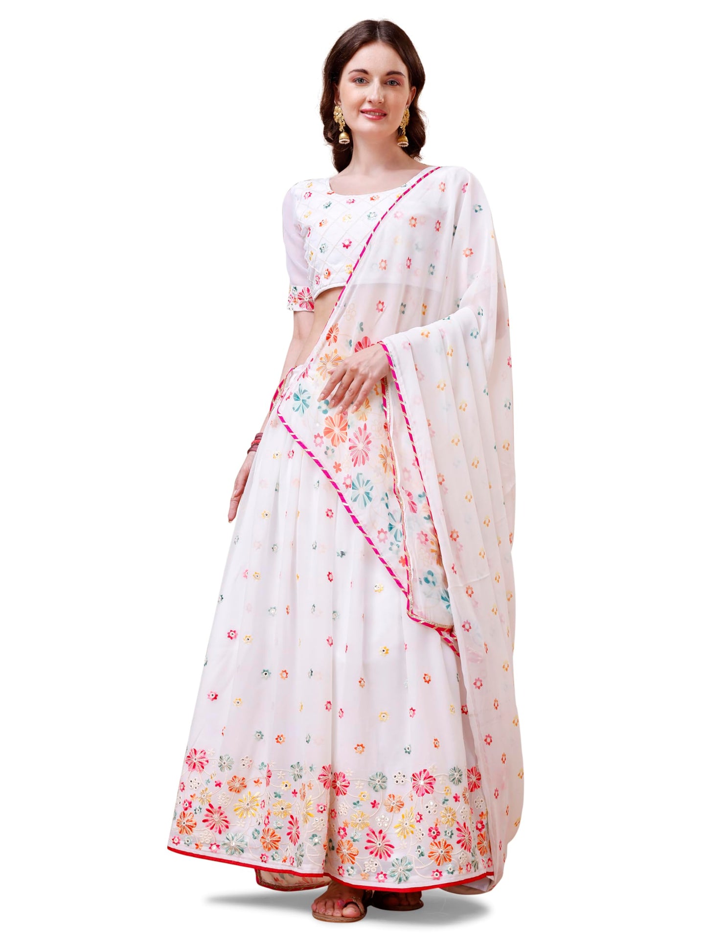 ASHASHA Women's Embroidered Georgette Lehenga Choli for Women I White Lehenga I Designer I Mirror work and Sequence Work I New I Bridal I Wedding I Stylish I Semi-stitched I Lehenga for women (White)