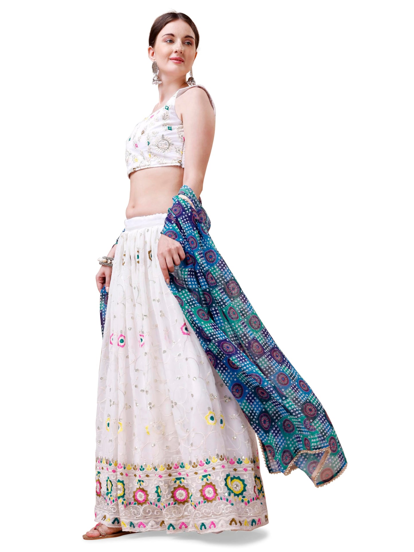 ASHASHA Women's Embroidered Georgette Lehenga Choli for Women I White Lehenga I Designer I Mirror work and Sequence Work I New I Bridal I Wedding I Stylish I Semi-stitched I Lehenga for women (White)