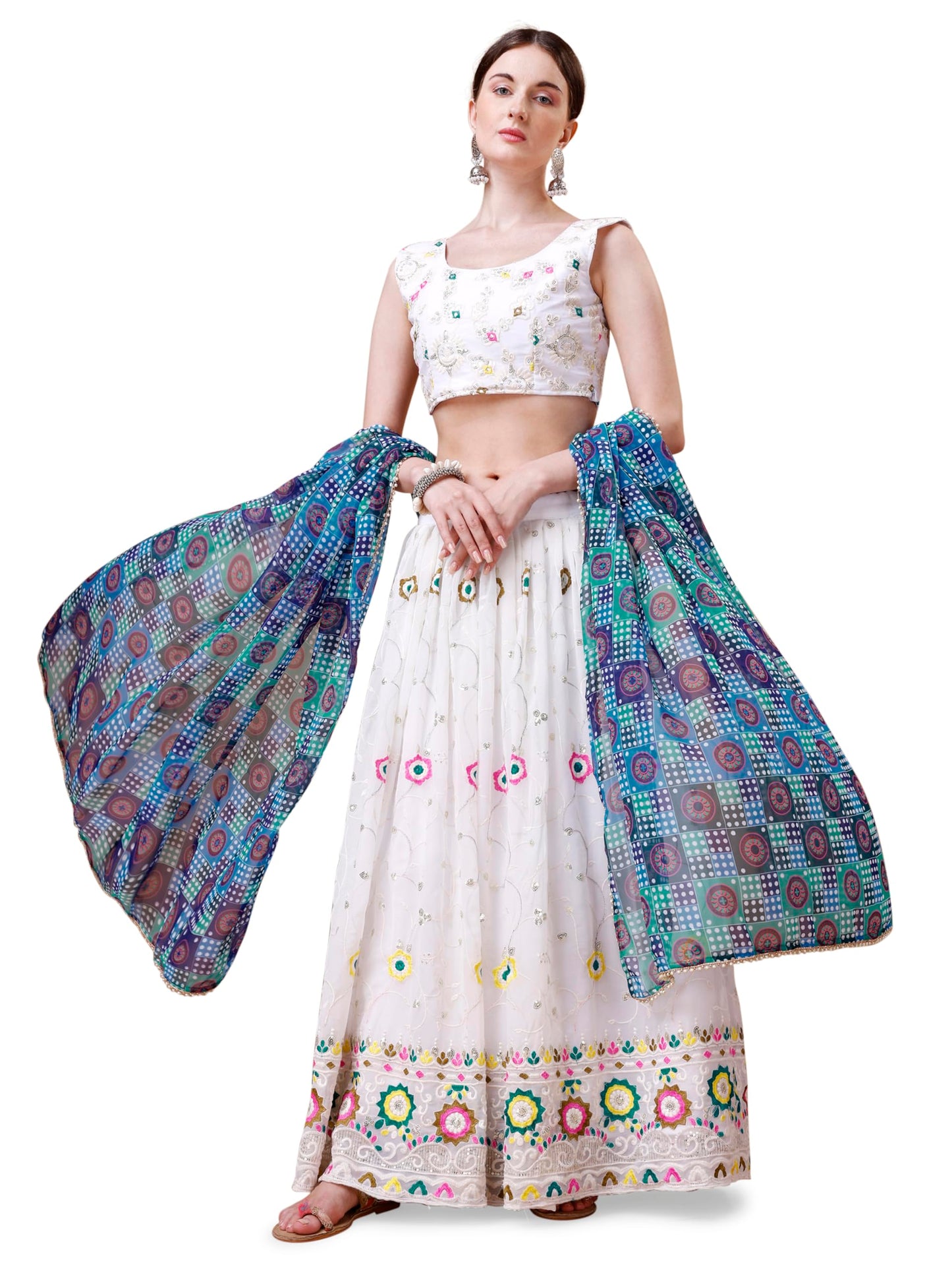 ASHASHA Women's Embroidered Georgette Lehenga Choli for Women I White Lehenga I Designer I Mirror work and Sequence Work I New I Bridal I Wedding I Stylish I Semi-stitched I Lehenga for women (White)