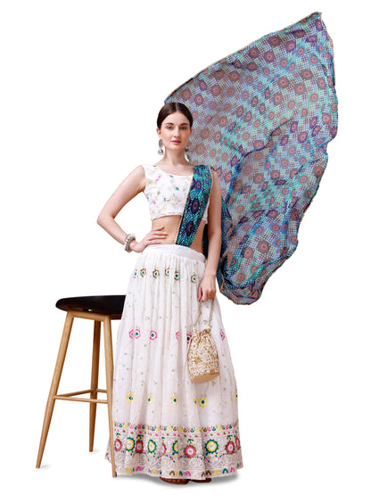 ASHASHA Women's Embroidered Georgette Lehenga Choli for Women I White Lehenga I Designer I Mirror work and Sequence Work I New I Bridal I Wedding I Stylish I Semi-stitched I Lehenga for women (White)
