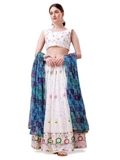 ASHASHA Women's Embroidered Georgette Lehenga Choli for Women I White Lehenga I Designer I Mirror work and Sequence Work I New I Bridal I Wedding I Stylish I Semi-stitched I Lehenga for women (White)