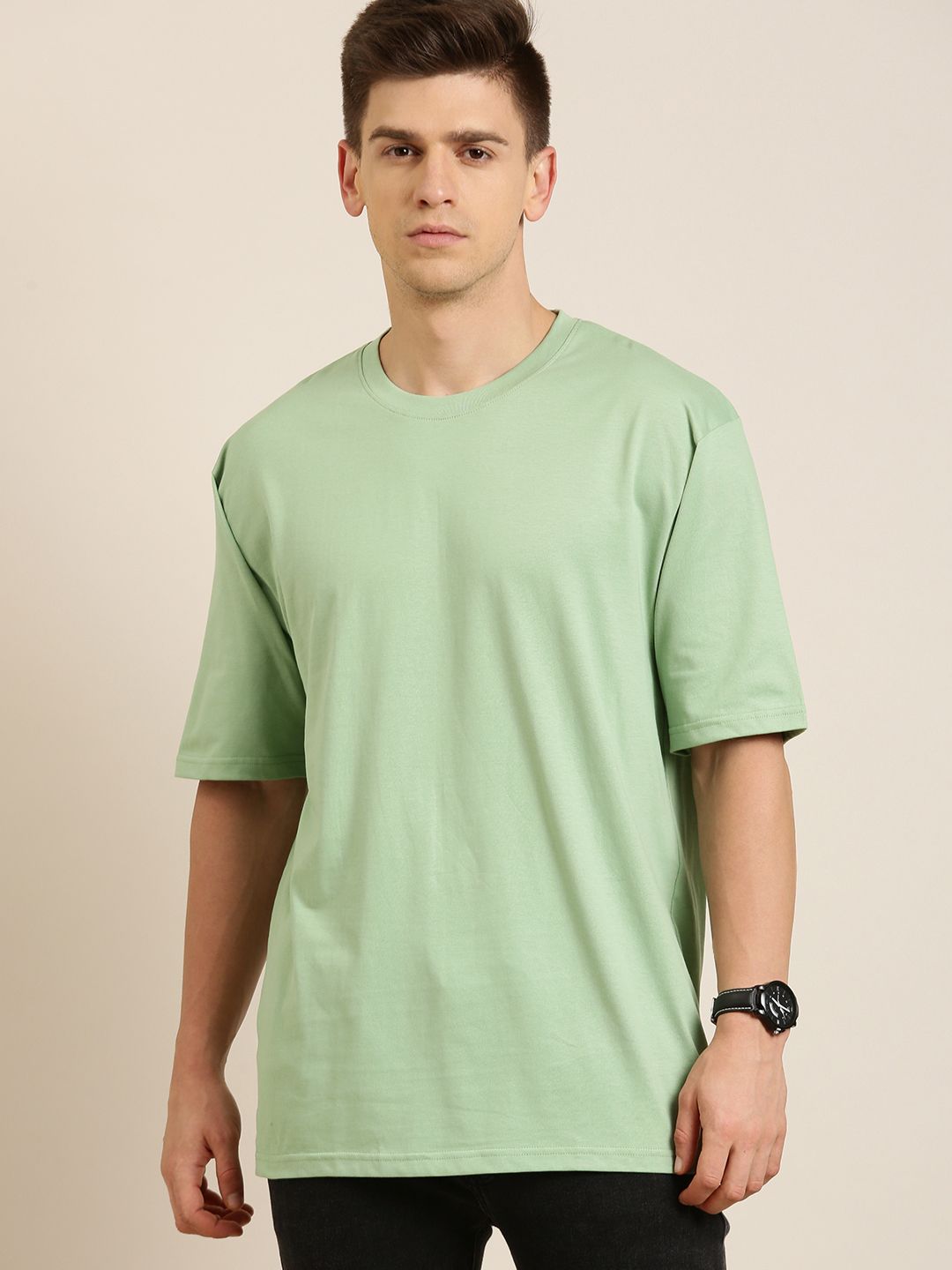 Difference of Opinion Green Solid Oversized T-Shirt